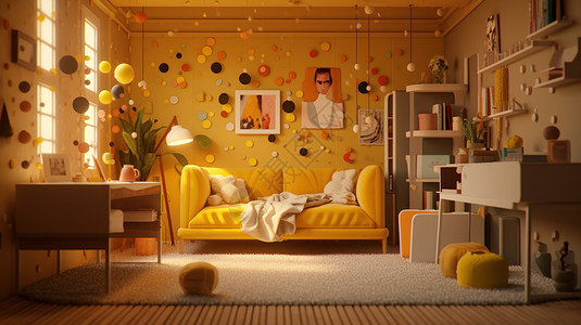 地毯上温馨的黄色沙发与卡通书桌图片