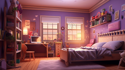 温馨的紫色主题大床卡通卧室图片