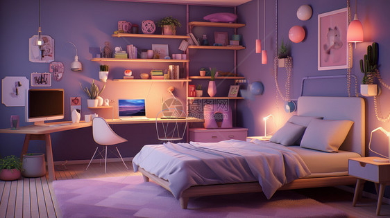 卡通卧室在紫色地垫上一张温馨的大床图片