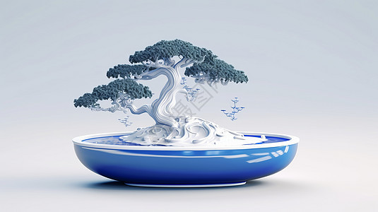 蓝色瓷盆白色古松树创意摆件图片