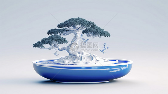 蓝色瓷盆白色古松树创意摆件图片