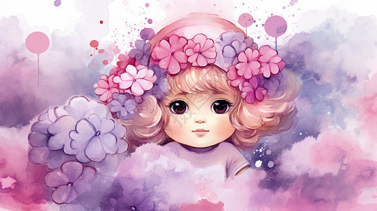 可爱大眼睛卡通女孩头上戴满粉色花朵图片