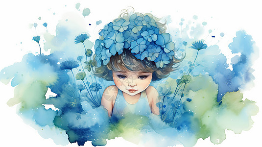 低头的可爱卡通小女孩满头都是蓝色漂亮花朵图片