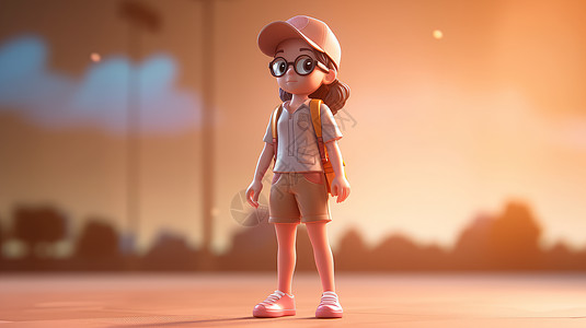 戴着眼镜和帽子的立体卡通女孩站在户外背景图片