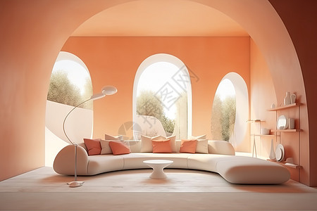室内简约装修明亮简约室内空间橙色巨大的窗户插画