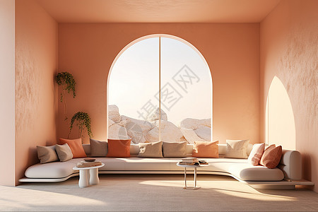 明亮简约室内空间橙色巨大的窗户图片