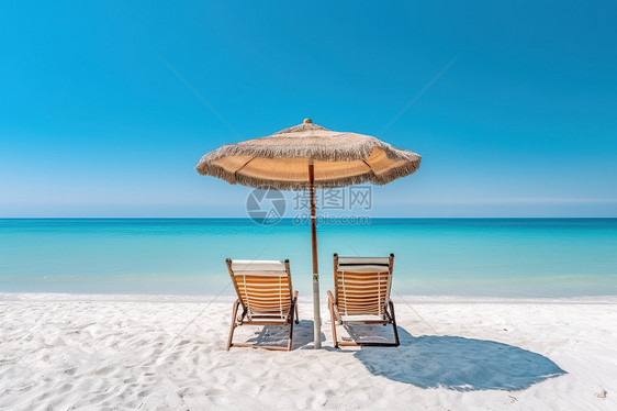 美丽的海滩躺椅太阳伞海边度假图片