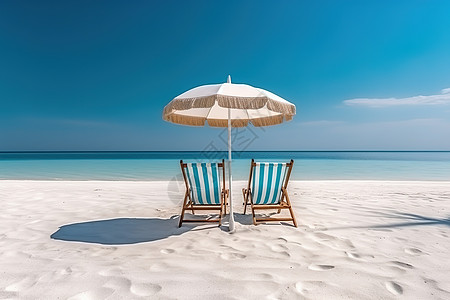 美丽的海滩躺椅太阳伞海边度假图片