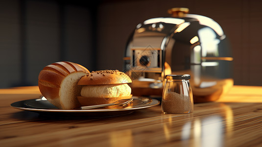 放在桌子上的面包早餐与早餐机图片
