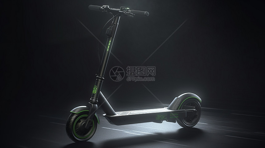 黑色小轮胎绿色装饰电动滑板车图片