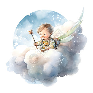 小天使宝宝在云端水彩画插画图片