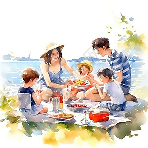 聚会 户外一家人户外野餐喜悦温馨的家庭聚会插画