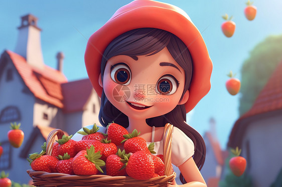 捧着一框草莓的可爱女孩3D图片