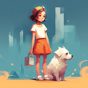 女孩和她的宠物小狗插画图片
