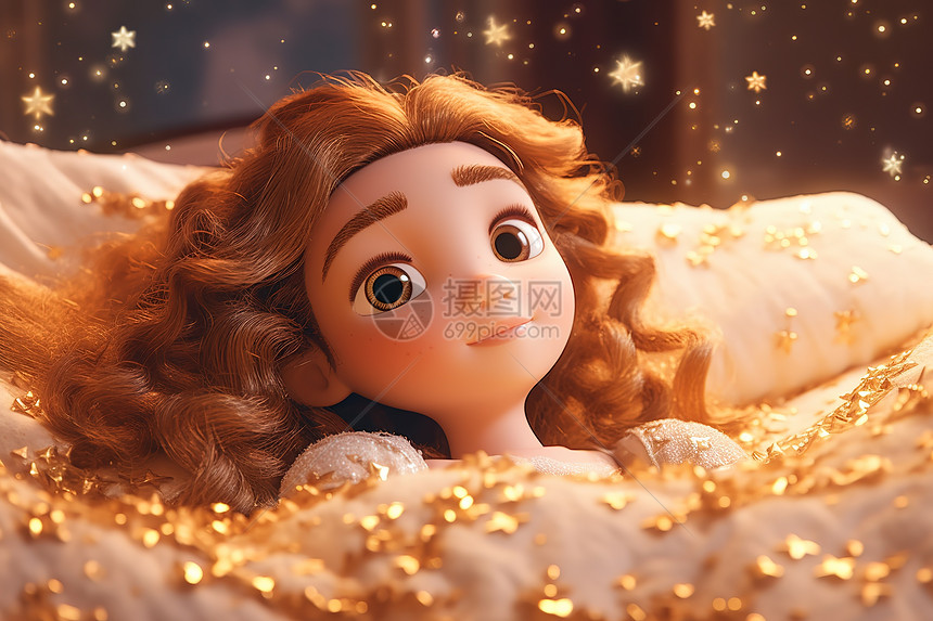可爱女孩公主躺在床上做白日梦3D图片