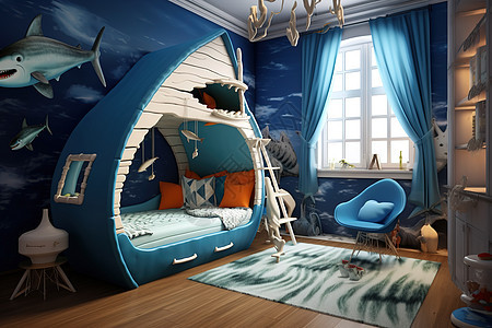 蓝鲨鱼主题儿童房间可爱风格3D图片