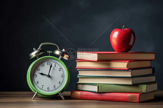时间理念书桌上的闹钟书本苹果图片