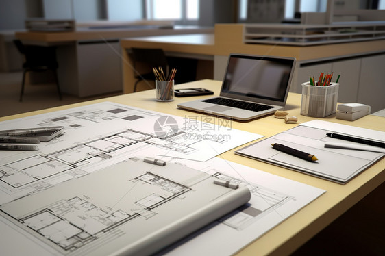 现代白色桌子办公桌上的CAD图纸图片