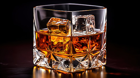 近距离观察一杯加冰的威士忌高清图片