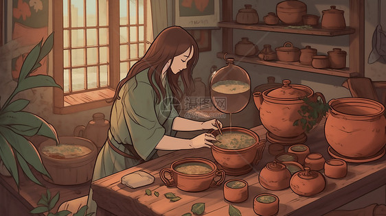 古代女子在研磨草药图片