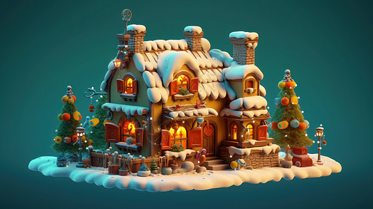 被雪覆盖的圣诞温馨小屋图片