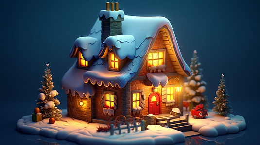 温馨亮着灯被雪覆盖的圣诞屋图片