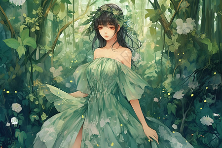 穿着漂亮裙子礼服的森林风美女漫画图片