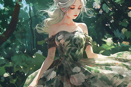 绿色礼服穿着漂亮裙子礼服的森林风美女漫画插画