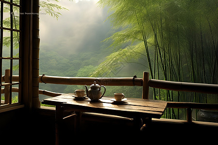 雨天迷雾竹林桌子上的茶具图片