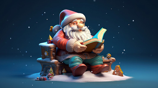 卡通立体白胡子圣诞老人坐在椅子上看书图片