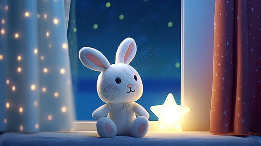 闪闪发光星星夜空毛绒玩具小兔子图片