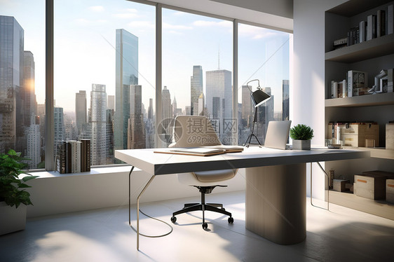 极简主义的办公空间俯瞰繁华城市图片