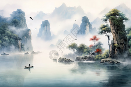 中国传统山水画蜿蜒河流薄雾笼罩背景图片