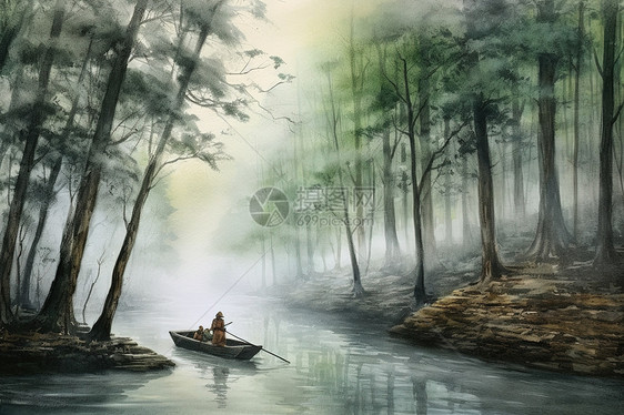 云雾缭绕森林宁静河流渔夫坐在小船上图片