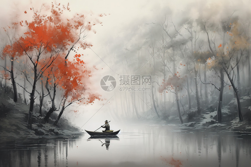 云雾缭绕森林宁静河流渔夫坐在小船上图片