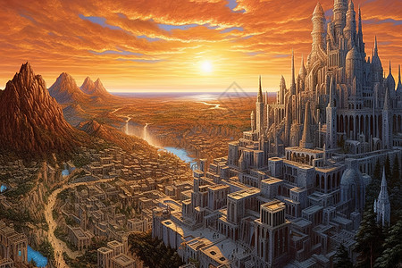 加州印象派金色日落城市建筑背景图片