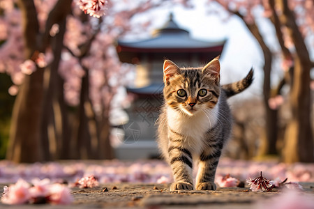 樱花下可爱的小猫图片