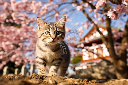 樱花下可爱的小猫背景图片