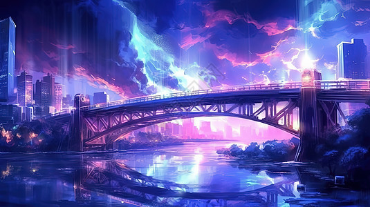 紫色灯光的夜间桥梁图片