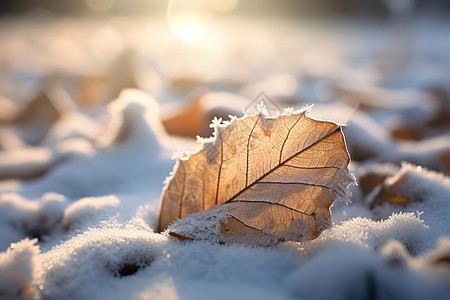 节气霜降树叶上的雪冬天背景图片