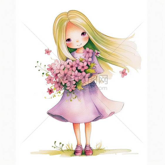 抱着花朵的小女孩可爱水彩画图片
