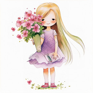 抱着花朵的小女孩可爱水彩画背景图片