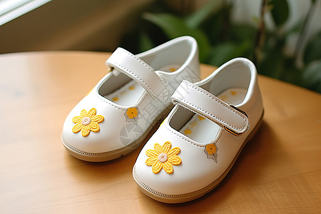 白色学生鞋黄色花朵图片