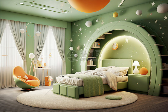鳄梨绿主色调美丽儿童房间图片