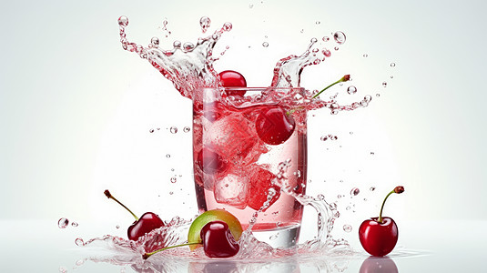 透明玻璃杯子中的樱桃果汁飞溅出来图片