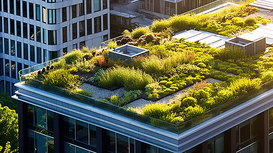当代摩天大楼上的绿色屋顶图片