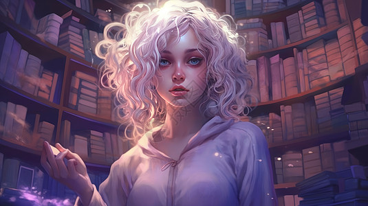 白色卷发卡通女孩手拿发光宝石在图书馆图片