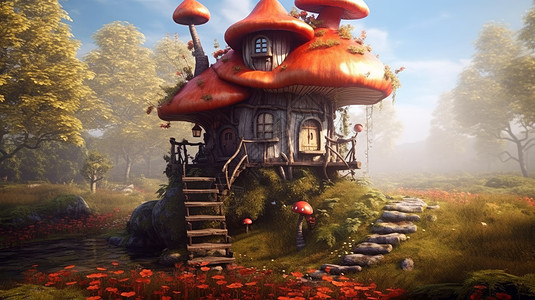 巨型梦幻红色卡通蘑菇屋背景图片