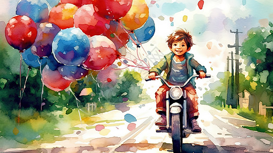 骑着摩托车的男孩和气球水彩画图片