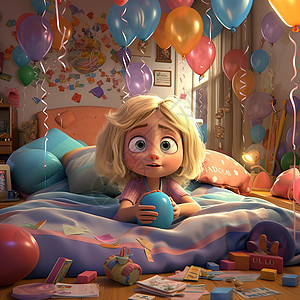 气球装饰的房间金发小女孩躺在床上图片